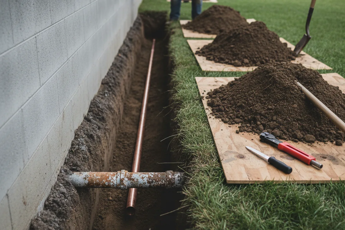 Excavated water line trench during Water Softener Installation in Mcconnelsville